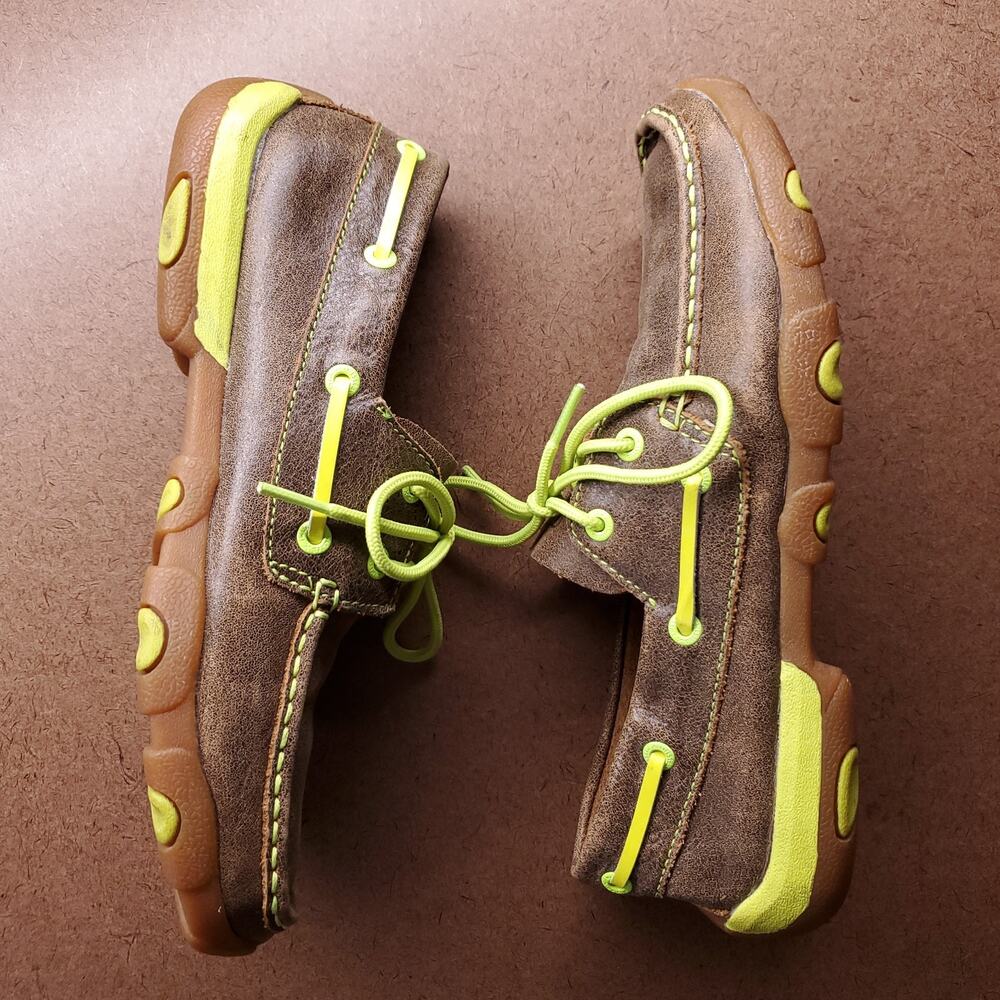 Twisted X Driving Mocs Women 8.5M Brown Leather Neon Yellow WDM0010 Boat Shoe - Picture 3 of 8